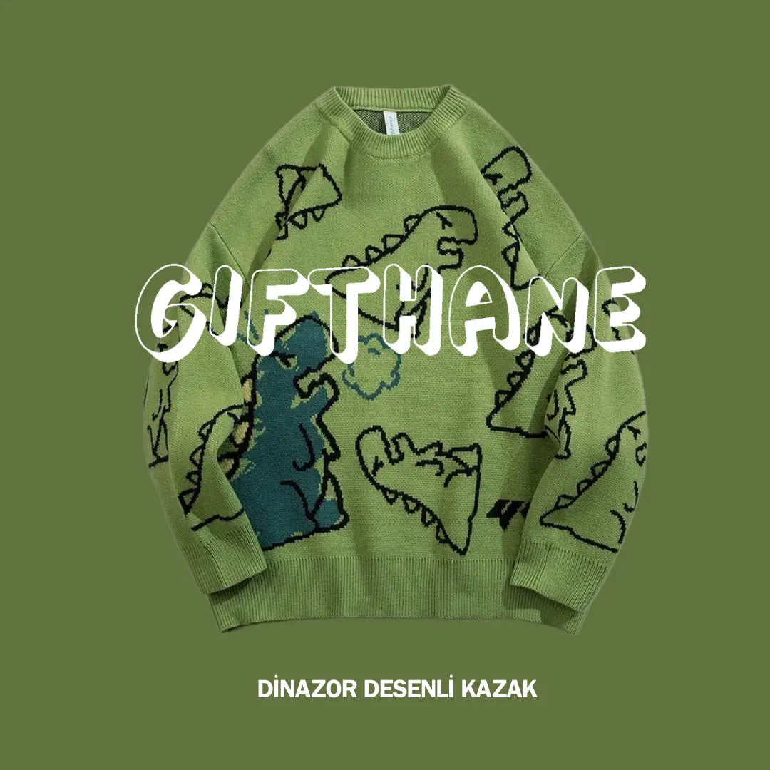 Harajuku Dinazor Desenli Kazak