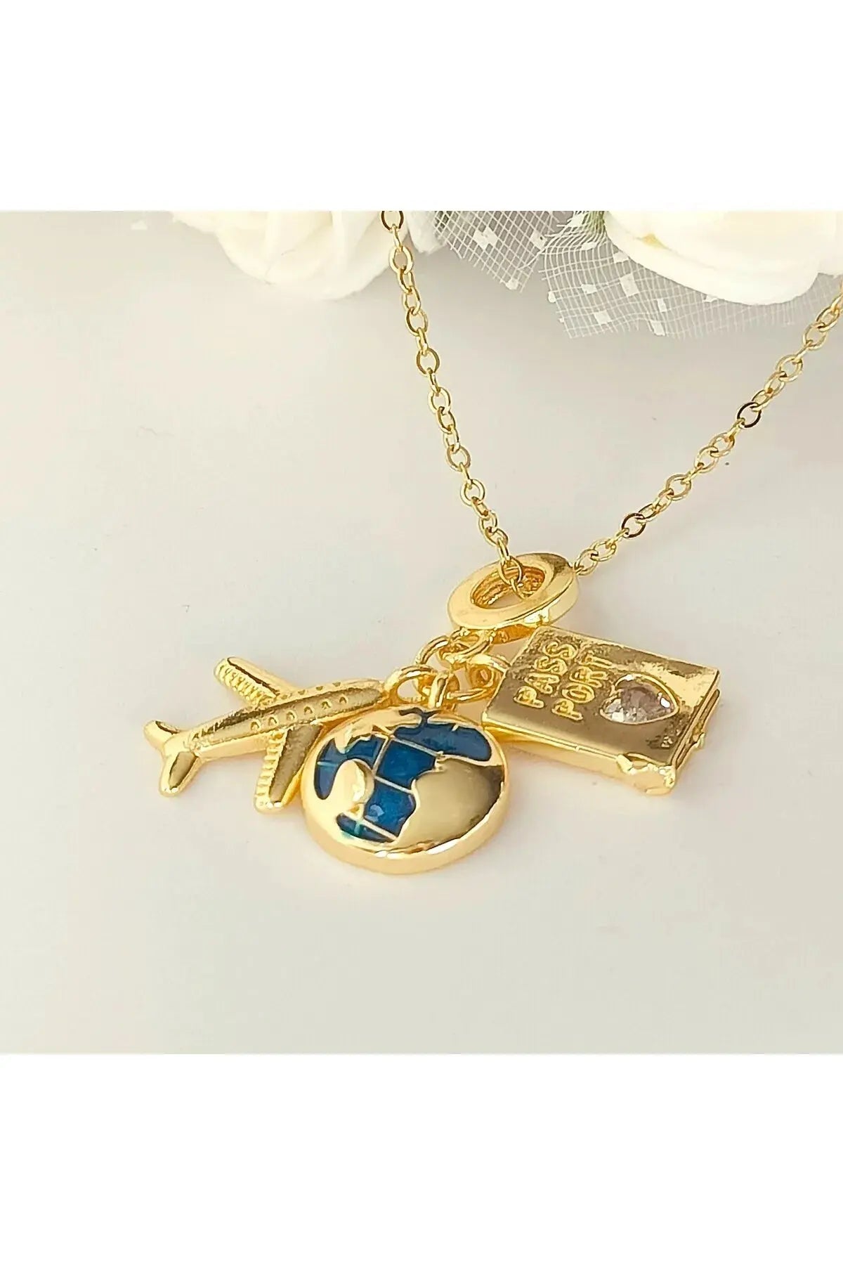 Uçak Pasaport Dünya Seyahat Kolye