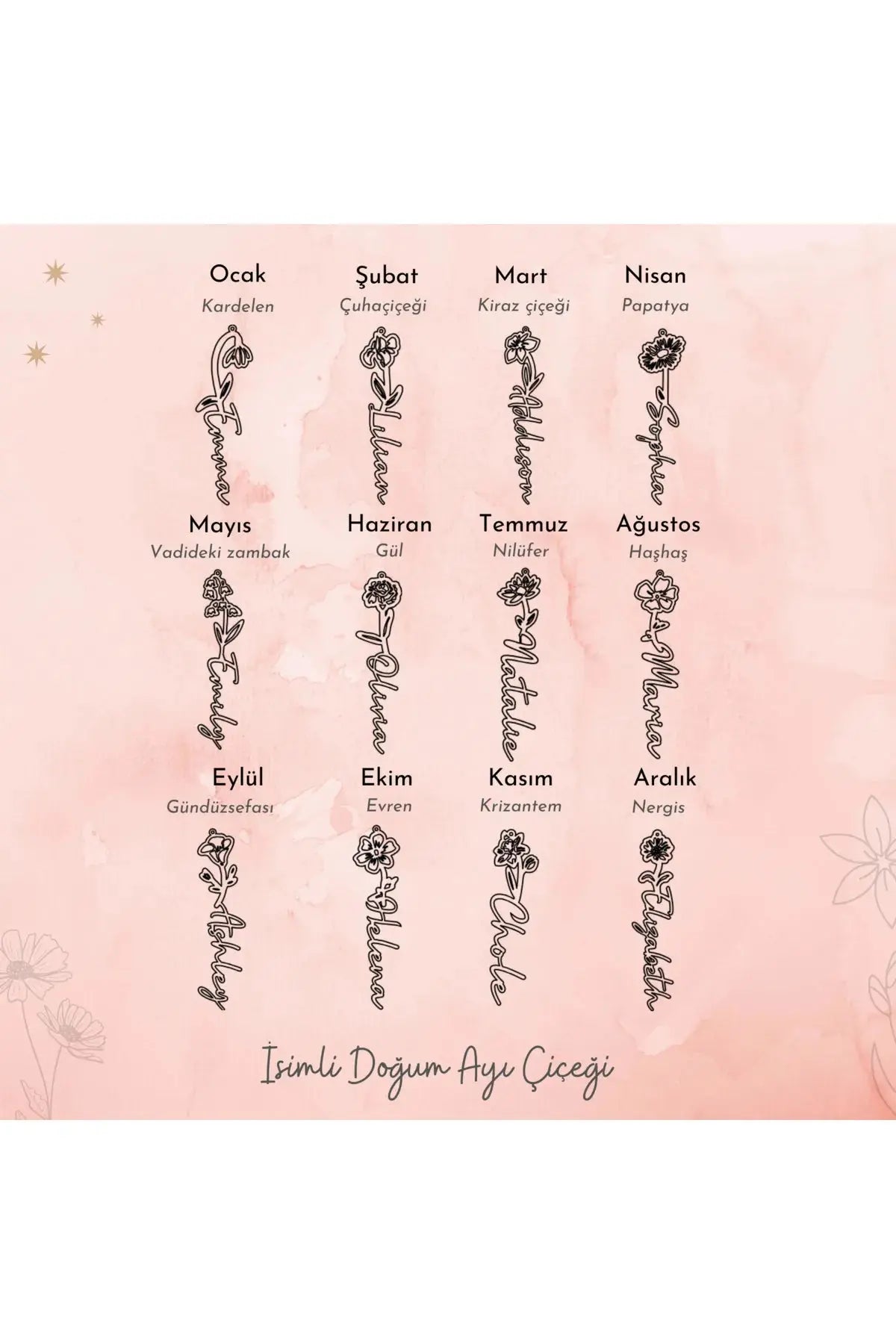 Gül Figürlü Dikey Isimli Kolye