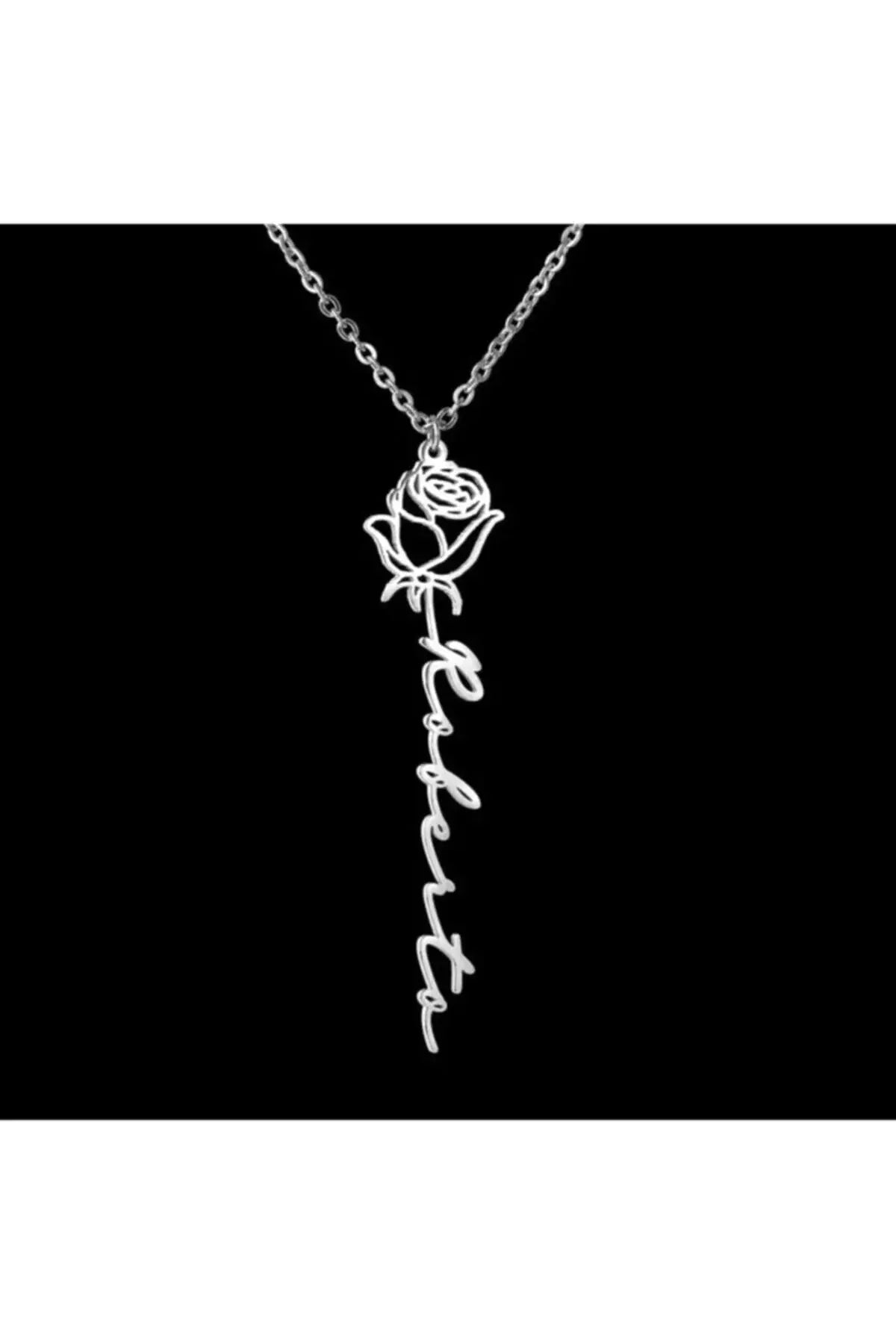 Gül Figürlü Dikey Isimli Kolye