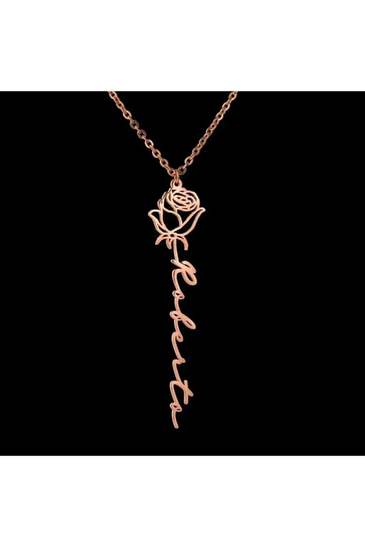 Gül Figürlü Dikey Isimli Kolye