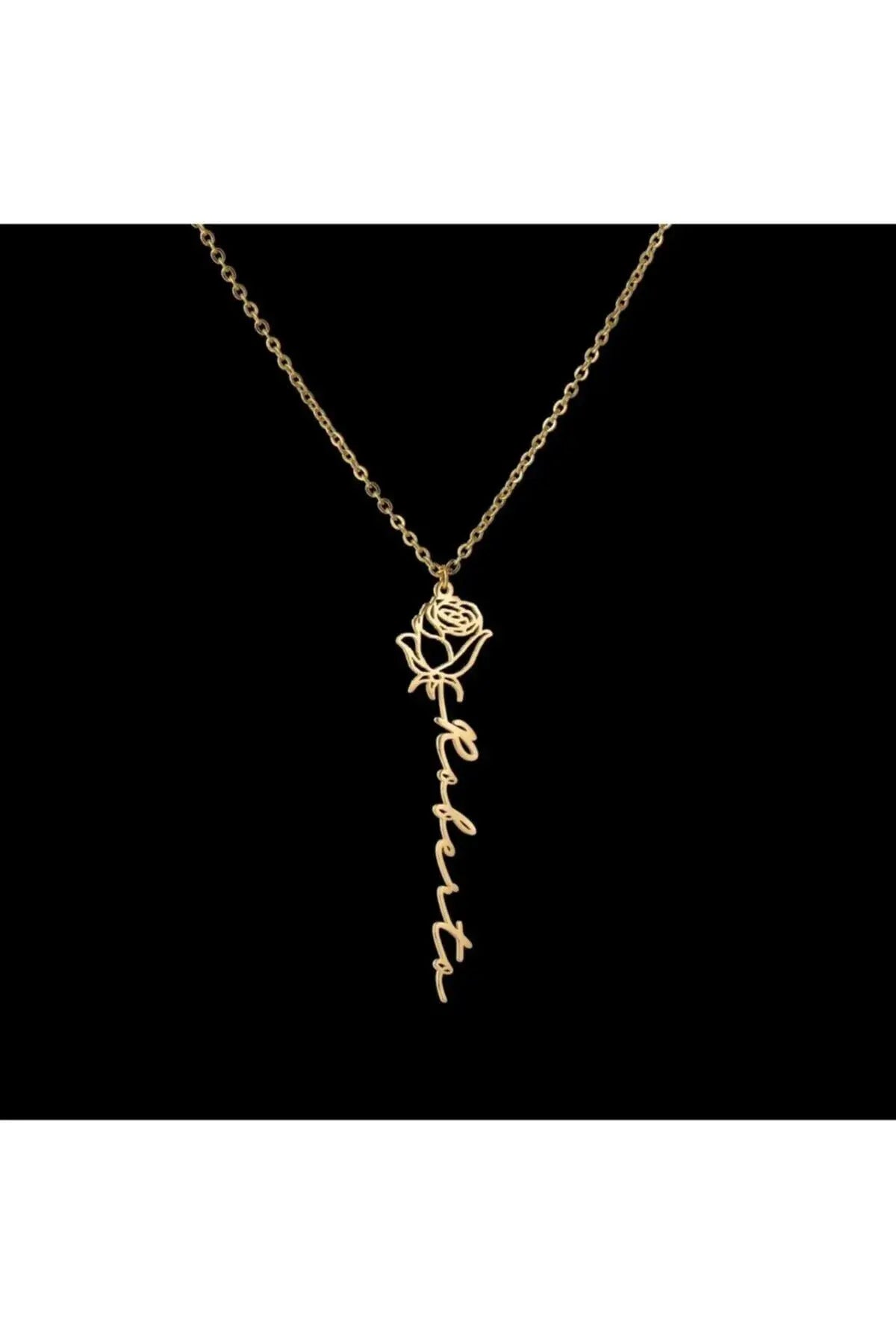 Gül Figürlü Dikey Isimli Kolye