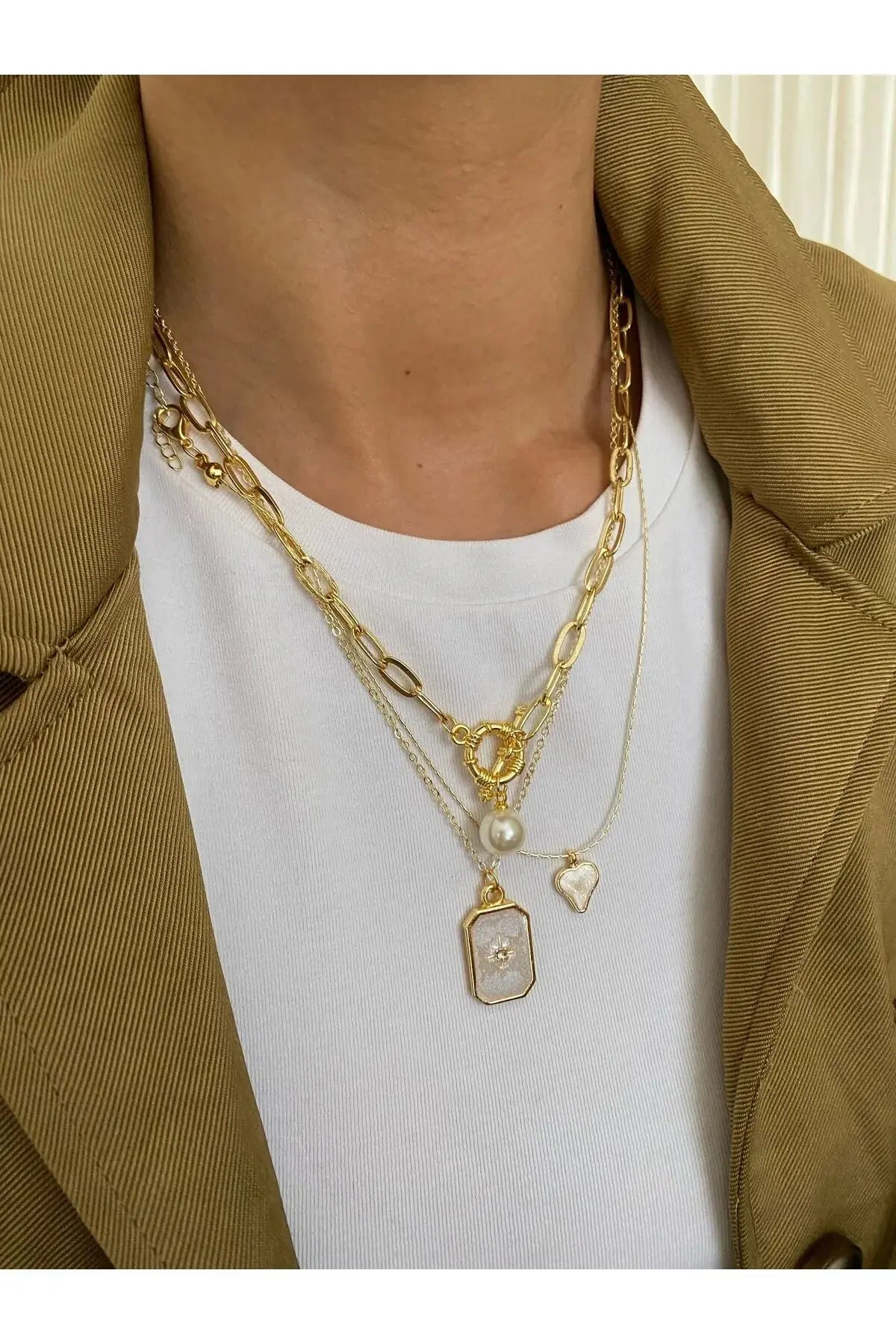 İnci Mine Detaylı Üçlü Kombin Kolye