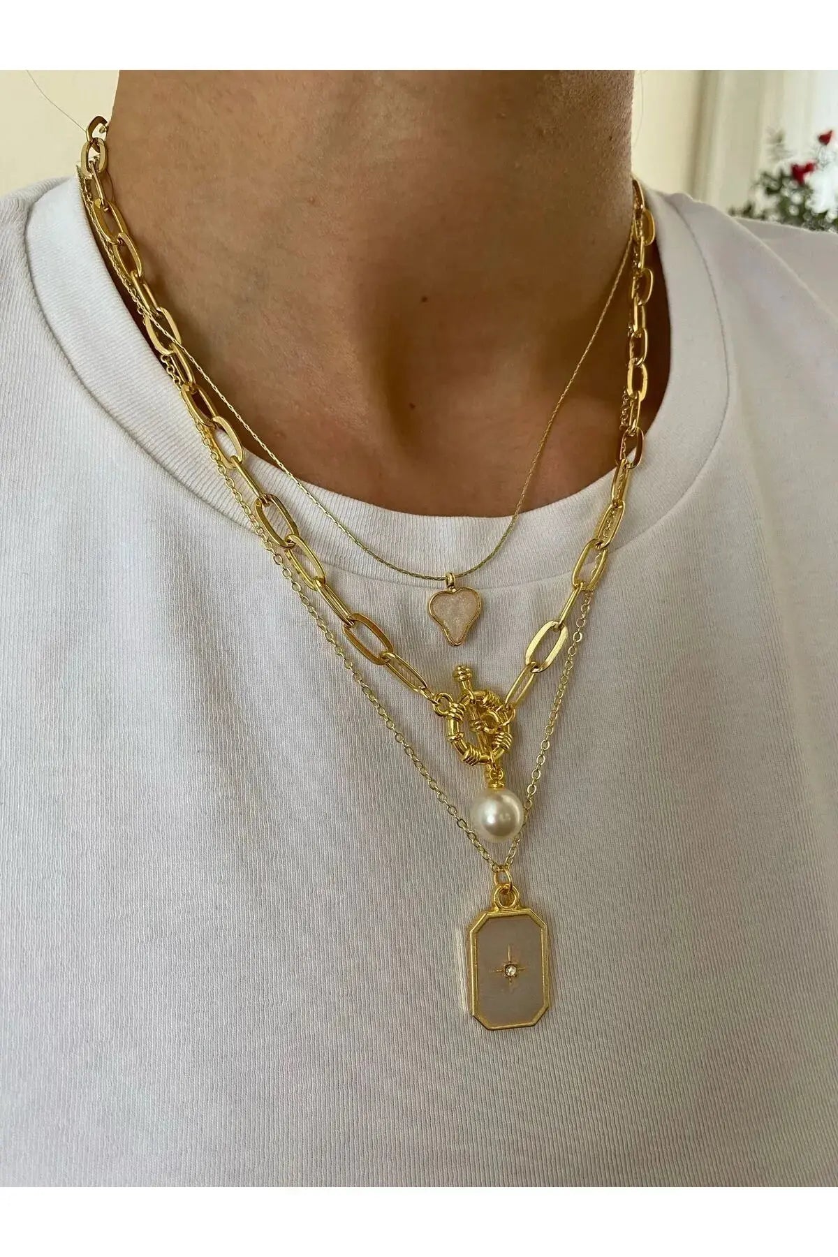 İnci Mine Detaylı Üçlü Kombin Kolye