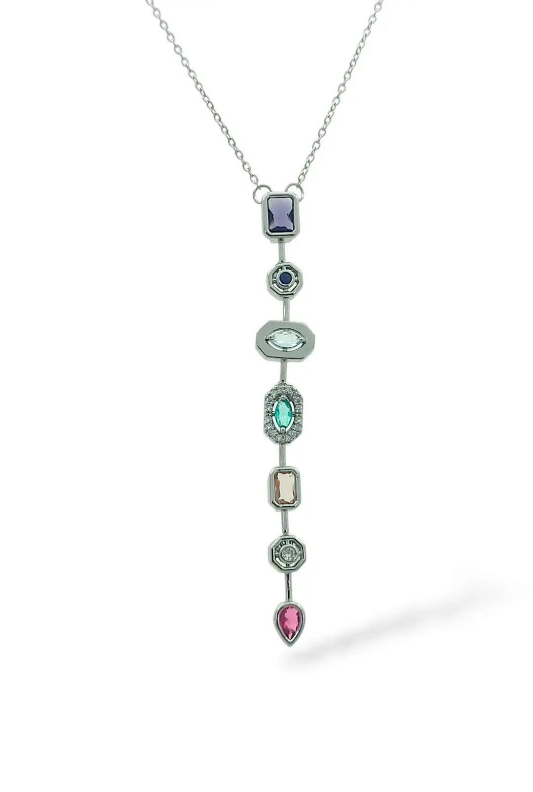 Renkli Taşlı Zirkon Çelik Y Kolye