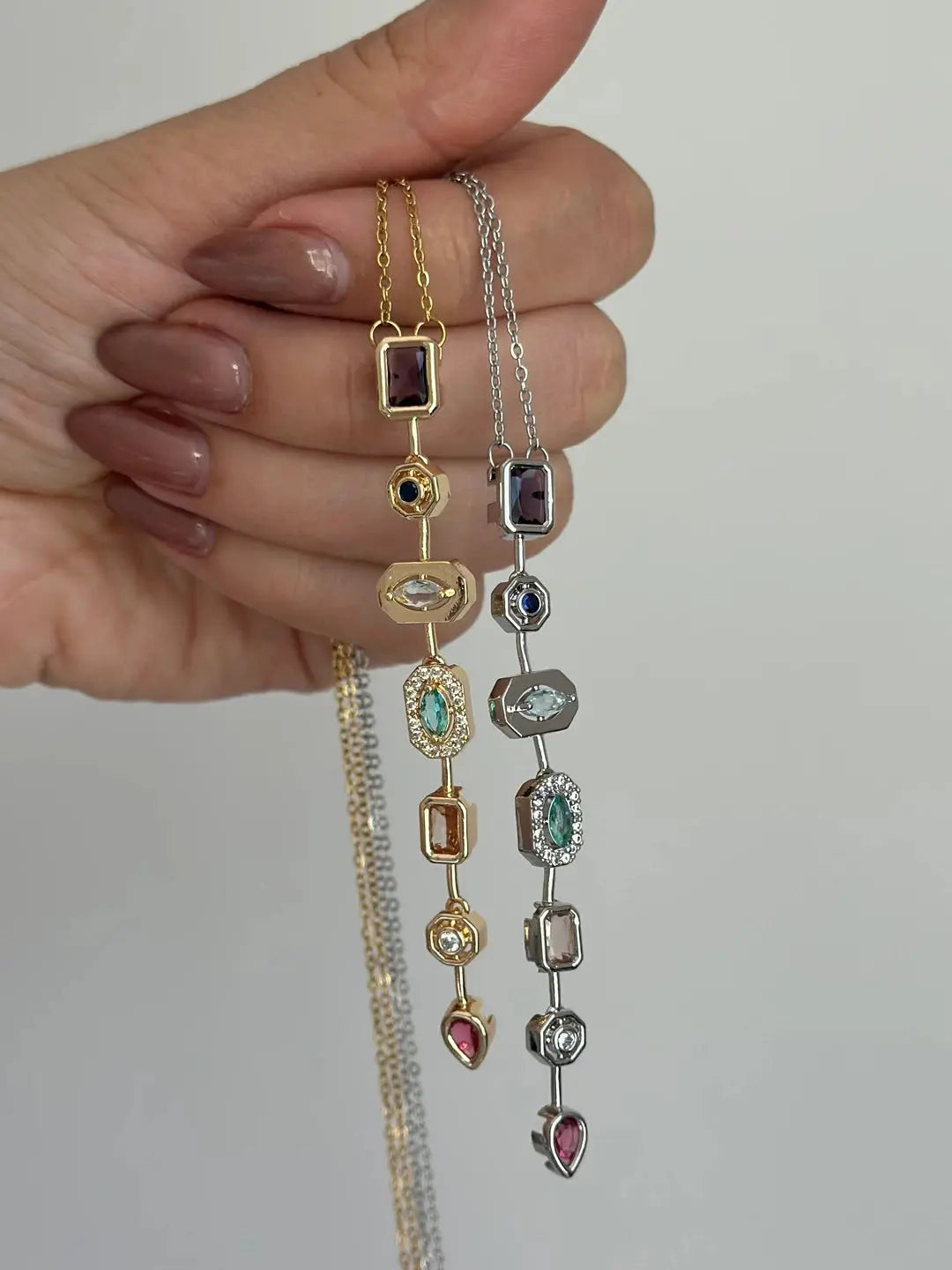 Renkli Taşlı Zirkon Çelik Y Kolye