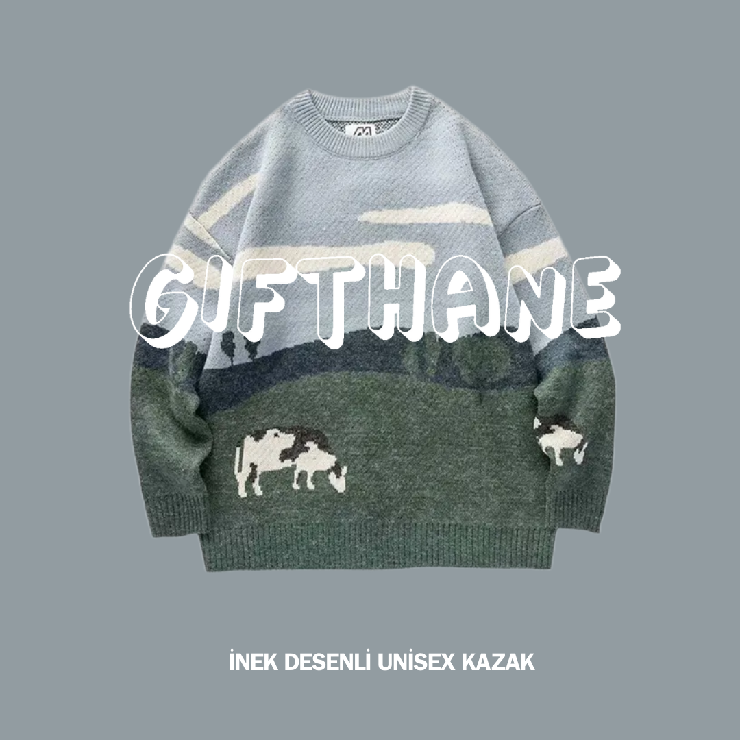 Gifthane İnek Desenli Unisex Kazak